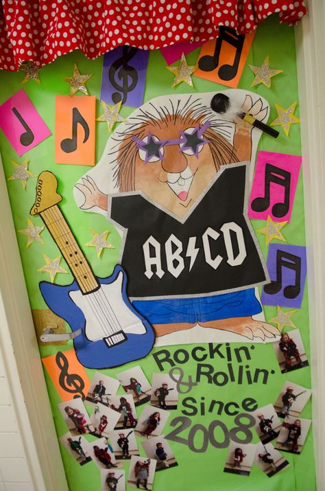 Door Decorations Music Themed Classroom Door, Rock And Roll Classroom Door, Rock And Roll Door Decorations, Rock Star Theme Classroom, Rock And Roll Classroom Theme, 70s Rock And Roll, Rock Star Theme, Teacher Appreciation Doors, Kindergarten Rocks