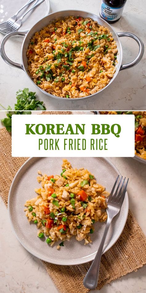 BBQ Pork Fried Rice | With just 10 ingredients, this easy fried rice is perfect for busy weeknights and meal prep. The simple fried rice recipe is like takeout at home, packed with fresh veggies, pantry ingredients, budget-friendly proteins and Kikkoman® Teriyaki Takumi in Korean BBQ flavour. Ideal for kid-friendly suppers, packed lunches, and great to pair with other takeout-inspired recipes for a family meal or game day buffet. Freeze leftovers or extra portions for later! #Kikkoman Bbq Chicken Fried Rice, Healthy Pork Fried Rice Recipe, Bbq Pork Fried Rice, Bbq Pork Fried Rice Recipe Chinese, Pork Fried Rice Easy, Healthy Kimchi Fried Rice, Pork Fried Rice, Delicious Family Meals, Takeout Food