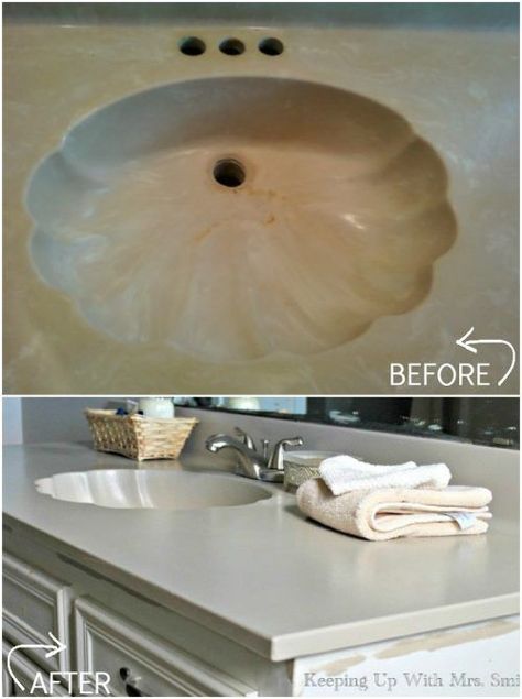 Can’t buy a new countertop? Paint your old sink and countertops! See how plus Remodeled Bathroom Ideas | Inspiring Makeovers on a Budget on Frugal Coupon Living. Painting Bathroom Countertops, Countertop Paint, Kitchen Remodel Countertops, Bathroom Remodel On A Budget, Old Sink, Vanity Makeover, Bathroom Vanity Makeover, Budget Kitchen Remodel, Painting Countertops