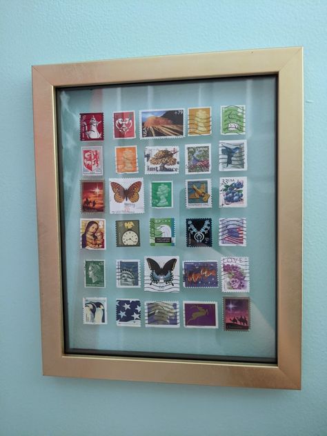 Postage stamps Used Postage Stamps Crafts, How To Display Postage Stamps, Stamps Collection Display, Duck Stamp Collection Display, Framed Postage Stamps, Stamp Display Ideas, Stamp Display Ideas Postage, Stamp Collection Display Ideas, Postal Stamp Art