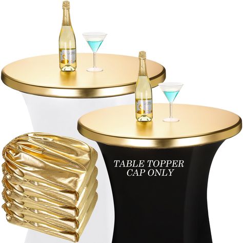 PRICES MAY VARY. Lovely Multipack: you will receive a package containing 4 pcs gold table topper cap, ensuring you have sufficient quantity for your use; This reduces the worry about not having enough covers for your event and gives you the opportunity to decorate multiple tables in uniform, creating a cohesive, visually pleasing aesthetic Quality Material Blend: made from a tested and proven blend of 90% polyester and 10% spandex with gold foil, these round coffee table covers ensure extended d High Top Table Decor Party, Elegant Outdoor Dinner Party, 50th Birthday Party Decoration Ideas, Black And Gold Table Decorations, Men 40th Birthday Ideas Man Party, Cocktail Hour Centerpieces, Wedding Cocktail Tables, Cocktail Table Decor, Gold Tablecloth