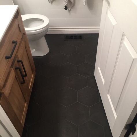 Free Beginners Guide to a Beautiful Bathroom Bathroom Tile With Dark Cabinets, Black Tile In Bathroom, Bathroom With Black Floor, Black Bathroom Floor Tile, Dark Bathroom Floor Tile, Dark Bathroom Floor, Black Floor Bathroom, Black Bathroom Floor Tiles, Black Tile Bathroom