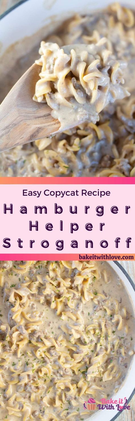 Hamburger helper beef stroganoff is a tasty one-pot pasta dish with ground beef and a rich sour cream sauce that the whole family will love! This hearty beef stroganoff is great for busy nights and is way better than the store-bought version! You can eliminate preservatives and have a better quality of flavor when you try my homemade hamburger helper beef stroganoff recipe. BakeItWithLove.com #bakeitwithlove #hamburgerhelper #beefstroganoff #beefdish #homemade #dinner Hamburger Beef Stroganoff, Hamburger Helper Stroganoff, Hamburger Helper Beef Stroganoff, Hamburger Stroganoff Recipe, Homemade Beef Stroganoff, Hamburger Stroganoff, Hamburger Helper Recipes, Beef Stroganoff Easy, Ground Beef Stroganoff