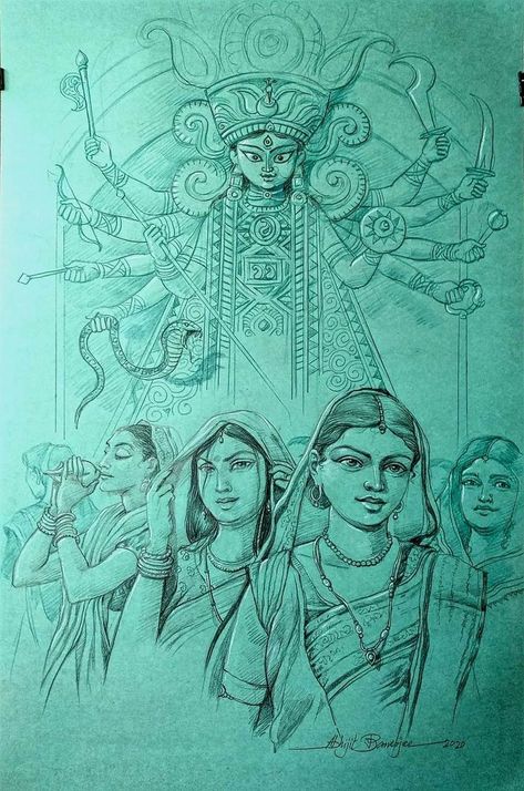 Durga Painting Artworks Pencil, Durga Painting Artworks Abstract, Durga Puja Drawing Ideas, Kali Puja Drawing, Ma Durga Sketch, Durga Puja Art, Durga Maa Drawing Pencil, Kolkata Drawing, Navratri Drawing Sketch