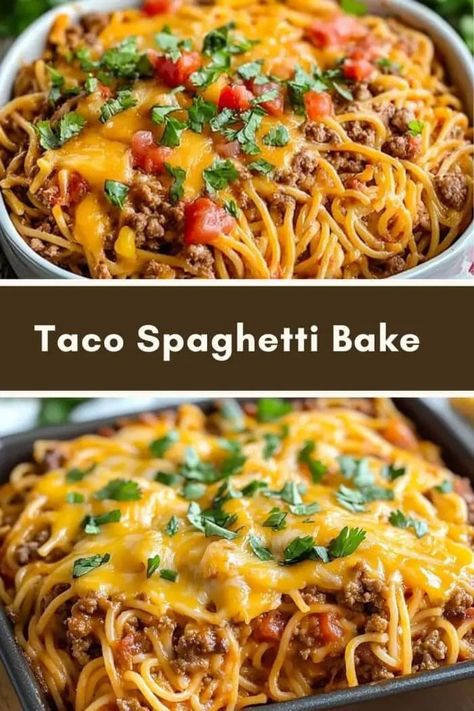 Taco Spaghetti Bake Taco Speggetti Recipes, Taco Spaghetti To Die For, Taco Spaghetti Bake, American Spaghetti, Taco Spaghetti Casserole, Spaghetti Taco, Parmesan Baked Potatoes, Spaghetti Bake, Spaghetti Casserole Recipe