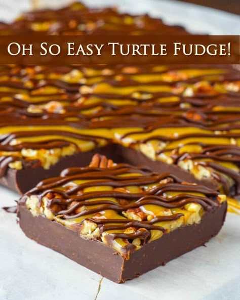 Turtle Fudge. An "Oh So Easy" recipe. A decades old easy and foolproof fudge recipe gets topped by crunchy toasted pecans, melted caramel candy and rich chocolate. Foolproof Fudge, Turtle Fudge Recipe, Turtle Fudge, Melted Caramel, Caramel Candies, How To Melt Caramel, Rock Recipes, Fudge Recipes Easy, Oh Fudge