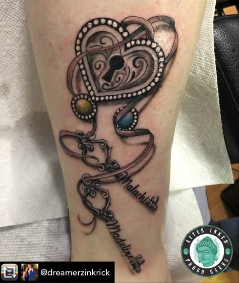 Lock N Key Tattoo Ideas, Tattoo Heart Design, Grandkids Tattoo Ideas Grandchildren, Heart Locket Tattoo With Names, Lock And Key Mother Daughter Tattoo, Lock And Key Name Tattoo, Husband And Wife Lock And Key Tattoos, Heart Lock And Key Tattoo Design, Heartbeat Tattoo With Name