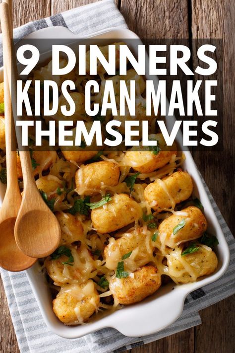 9 Dinners Kids Can Make Themselves | Easy, fun, and healthy, these meal ideas will turn your picky eater into an aspiring chef! Grab some muffin tins and make some cheeseburger cups, learn how to turn hot dogs into nuggets, or enjoy comfort foods like mini lasagnas or 5 minute mac and cheese! Oh, and the tater tots casserole is to die for! #kidsdinners #mealskidscanmake #cookingwithkids #kidsrecipes Quick Kid Dinners, Easy Fun Dinner Recipes Families, 4h Cooking Project Ideas, Picky Eaters Kids Dinner, Fun Meals To Make With Kids, Dinner Recipes For Kids To Make, Meals For Kids Picky, Easy Kid Dinners Picky Eaters, Fun Kid Dinner Ideas