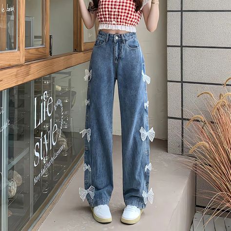 Smarter Shopping, Better Living! Aliexpress.com Applique Jeans, Streetwear Korean, Sweet Jeans, All Jeans, Harajuku Streetwear, Lace Bows, Plus Size Jeans, Denim Fabric, Wide Leg Trousers