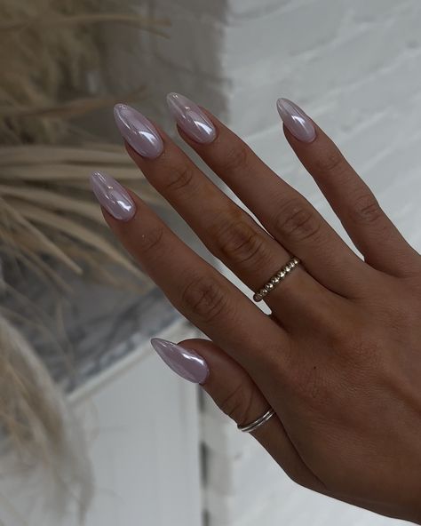 Summer nail inspo, chrome nails, glazed doughnut nails, almond shape nails Almond Glazed Nails, Light Purple Glazed Donut Nails, Almond Shaped Chrome Nails, Grey Glazed Donut Nails, Lavender Glazed Nails, June Nails Ideas 2024 Almond, Doughnut Glaze Nails, Gray Chrome Nails, Clear Chrome Nails