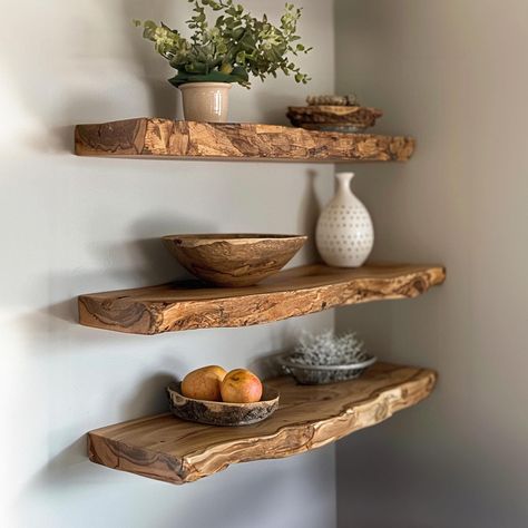 Living Room Wood Shelves, Raw Wood Shelves, Natural Wood Floating Shelves, Design Floating Shelves, Long Floating Shelf, Driftwood Shelves, Live Edge Floating Shelf, Corner Floating Shelves, Floating Corner Shelf