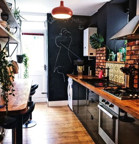 Black and Light Wood Combo.  it. Rich but yet contemporary small kitchen. - Photo by Apartment Therapy on July 01 2020. #regram via @homedecorpossibilities Our Thx to Apartment Therapy for the original post. We love and share it with those looking for HD ideas. Chalkboard Paint Kitchen, Black Walls Kitchen, White Tile Backsplash, Student Room, Freestanding Kitchen, Boho Kitchen, Kitchen Reno, House Kitchen, Favorite Kitchen