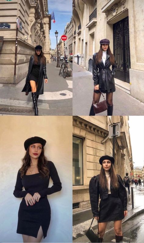 Black Dress Parisian Style, Women’s European Fashion Summer, Winter Outfit With Beret Hat, Winter Fashion Show Outfit, Classy Outfits With Hats, Outfits With Sleeveless Vest, Beret Outfit Women, Fancy Restaurant Outfit Ideas, Plaza Core Outfits