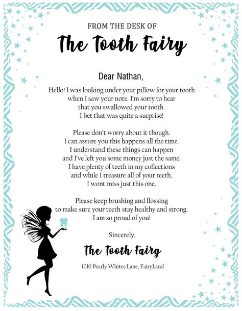 Swallowed a tooth - Letter from the Tooth Fairy Letter From Tooth Fairy Forgot, Swallowed Tooth Fairy Letter, Letter To Tooth Fairy For Lost Tooth, Lost Tooth For Tooth Fairy Missing, Tooth Fairy Letter Template, Letter From The Tooth Fairy, Fairy Templates, Tooth Fairy Receipt, Tooth Fairy Certificate