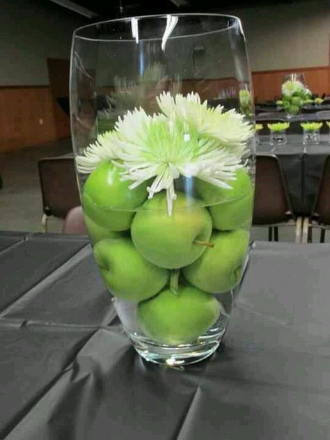 9.29.12 These were our center peices for our wedding.  Vase.Real Apples.Water.Flowers Buffett Table, Green Apple Wedding, Gala Centerpieces, Center Peices, Apple Centerpieces, Lemon Vase, Blue Green Wedding, Fruit Centerpieces, Wedding Vase