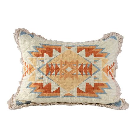 PRICES MAY VARY. SOUTHWEST HORIZON RUFFLE STANDARD SHAM DESIGN: Inspired by the colors of the desert at sunset, our Southwest Horizon Standard Sham has a base of cream and white stripes, topped with a horizontal Aztec pattern in warm colors of burnt orange, orange, and yellow along with a soft blue. Southwest, and Western home décor. This eye-catching standard sham features a solid burnt orange on the reverse. SOFT AND COMFORTABLE LUXURY: Made from materials that will never feel heavy, stiff or Western Chic Bedroom Decor, Coastal Western Bedroom, Western Fall Decor, Western Chic Bedroom, Southwest Cabin, Desert Boho Decor, Southwestern Throw Pillows, Modern Southwest Decor, Southwestern Home Decor