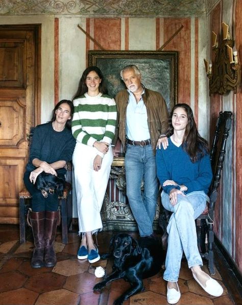 Count Gilberto Arrivabene Valenti Gonzaga with (from left) his wife, Bianca/Princess of Savoy-Aosta, their daughters Vera & Malfada, & dogs Briccola the dachshund, & Dushka the lab | Castelleto di Pedeguarda | Photo credit: Lea Anouchinsky for THE FINANCIAL TIMES, Nov 17, 2019 Vera Arrivabene, Medieval Bedroom, Rosa Park, Red Shutters, Slippers Outfit, Tile Texture, Timber Beams, Bedroom Images, Italian Villa