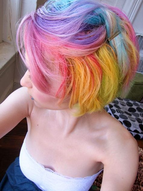 a girl I went to college with, in the 80's, had a hairstyle very much like this! For a fancy occassion, she would spray the purple (hers was darker) down over her face, like a veil :) Short Rainbow Hair, Pastel Rainbow Hair, Opal Hair, Funky Hair, Rainbow Hair Color, Colourful Hair, Multi Colored Hair, Wacky Hair, Multicolored Hair