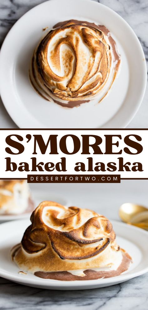 Your 4th of July baking ideas must have this s'mores dessert! Made with graham crackers, chocolate ice cream, and marshmallow fluff, this mini baked Alaska is a fun summer dessert. Save this small cake idea! Mini Baked Alaska Recipe, Alaskan Desserts, Mini Baked Alaska, 4th Of July Baking, Alaska Dessert, Baked Alaska Recipe, Easy Impressive Dessert, Batch Recipes, 1st February