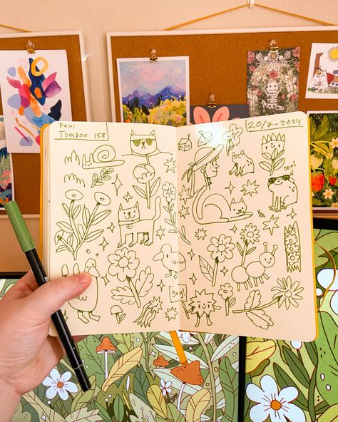 Some doodle pages for you all today! Lots of cats, a really cool frog, flowers, ducks!! Everything you need! Cool Frog Drawing, Art Journal Inspiration Doodles, Jessica Elena, Sketches Book, 2023 Recap, Cool Frog, Flowers Doodles, Sketchbook Spreads, Doodle Page