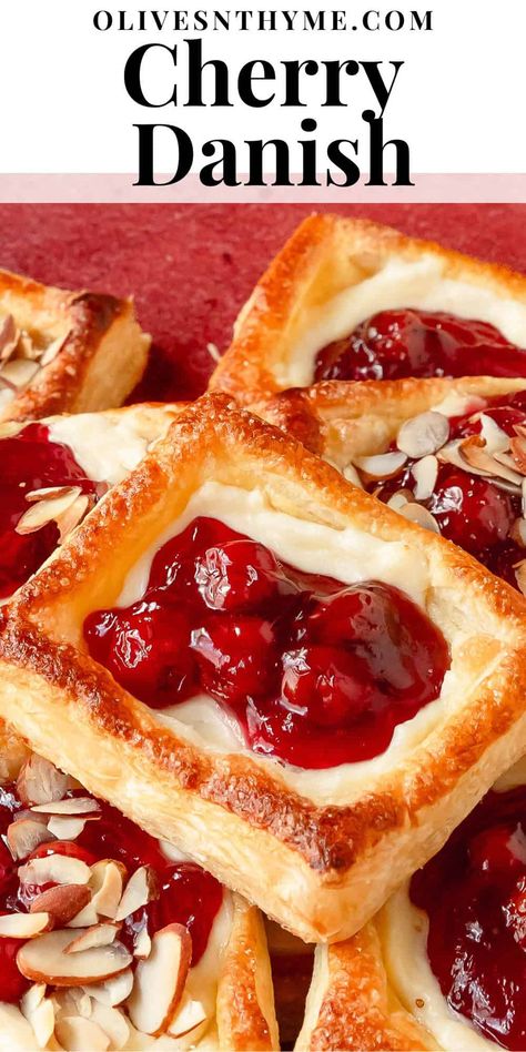 Cherry danish is an easy, melt in your mouth breakfast or dessert pastry made with puff pastry topped with sweetened cream cheese and cherry pie filling. Breakfast Ideas Using Puff Pastry, Cherry Puff Pastry Dessert, Cherry Puff Pastry Recipes, Cherry Pastry Recipes, Dessert With Puff Pastry, Cherry Dessert Recipes, Cherry Danish Recipe, Easy Puff Pastry Desserts, Cherry Danish