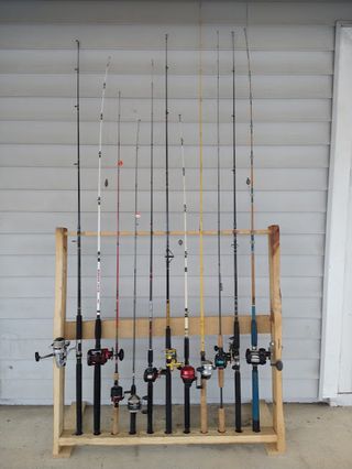 Pallet/Scrap Wood Fishing Rod Stand : 3 Steps (with Pictures) - Instructables Bank Fishing Rod Holders, Pvc Fishing Rod Holder, Diy Fishing Rod Holder, Diy Fishing Rod, Fishing Rod Stand, Drill Press Table, Fishing Rod Rack, Fishing Rod Storage, Diy Fishing