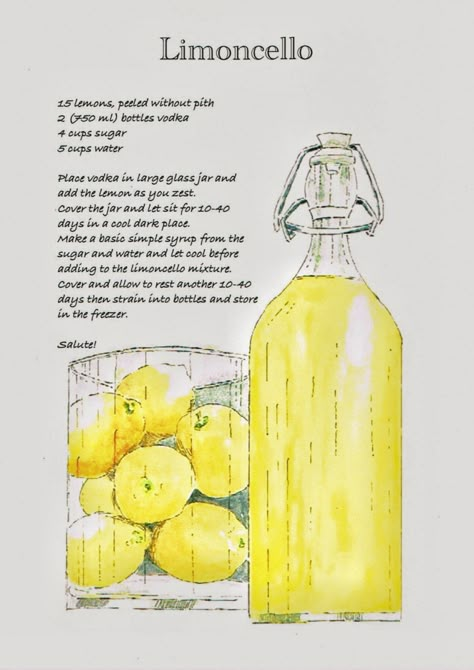 Diy Liquors, Limoncello Recipe, Illustrated Recipe, Homemade Liquor, Liquor Recipes, Liqueurs Recipes, Resep Diet, Cocktail Drinks Recipes, Pen Ink Drawings