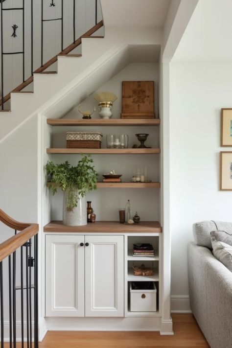 Open Shelves Under Stairs, Under Basement Stairs Ideas, Open Under Stairs Ideas, Shelving Under Stairs, Staircase Pantry, Under The Stairs Pantry, Basement Staircase Ideas, Under Staircase Storage, Under Basement Stairs