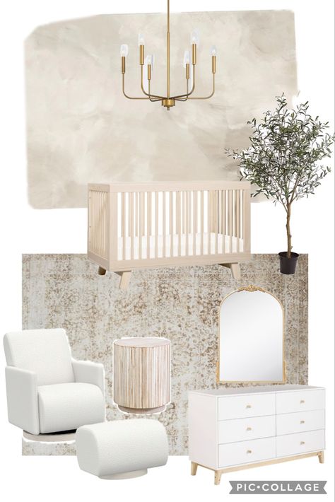 High End Nursery Design, Beige And Gold Nursery, Sophisticated Nursery Neutral, Girl Neutral Nursery Ideas, Gold Accent Nursery, Restoration Hardware Nursery Neutral, Sophisticated Baby Girl Nursery, Nursery Mood Board Neutral, Limewash Nursery Wall