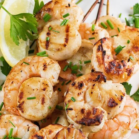 Grilled Scallops and Shrimp Kabobs - BBQing with the Nolands Shrimp Kebobs, Laua Party Ideas, Shrimp Marinade Recipes, Ginger Shrimp, Scallops And Shrimp, Shrimp Kabob Recipes, Copycat Kfc, Copycat Cracker Barrel, Cracker Barrel Recipes