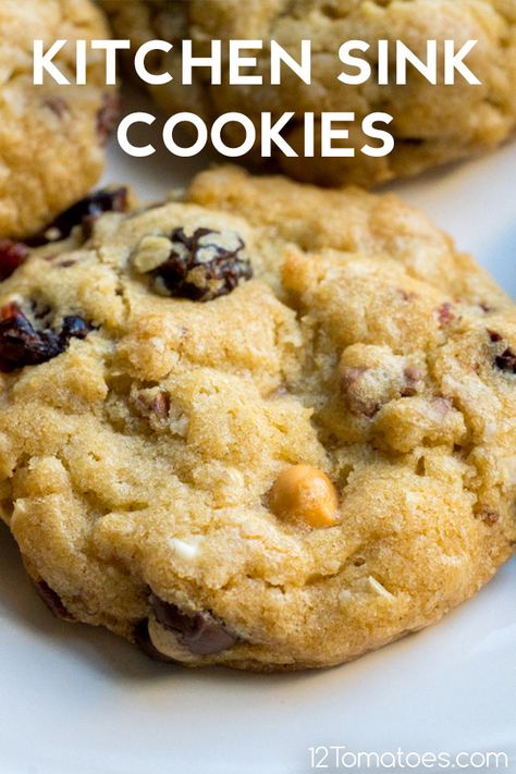 Kitchen Sink Cookies?utm_source=12tomatoes Cookies With Peanut Butter, Sink Cookies, Kitchen Sink Cookies, Cookie Deserts, Yummy Desserts Easy, Toffee Bits, Crunchy Pecans, Butterscotch Chips, Delicious Cookie Recipes