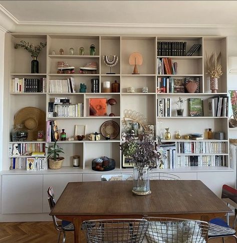 Renter Friendly Built Ins, Bookshelf In Dining Room, Shelving Units Living Room, Shelving Wall, Ikea Living Room, Bookshelves In Living Room, Diy Kitchen Renovation, Home Library Design, Wall Bookshelves