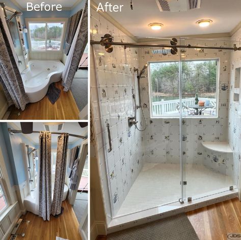 Our team of experts recently removed an outdated garden bathtub and replaced it with a gorgeous, custom-tiled walk-in shower. The results speak for themselves - our client was thrilled with the transformation and now has a stunning, modern shower that adds value and style to their home. Replacing Garden Tub With Shower Walk In, Replace Corner Tub With Shower Walk In, Garden Bathtub, Tub To Shower Conversion, Shower Conversion, Stone Shower, Corner Tub, Primary Bathroom, Soaker Tub