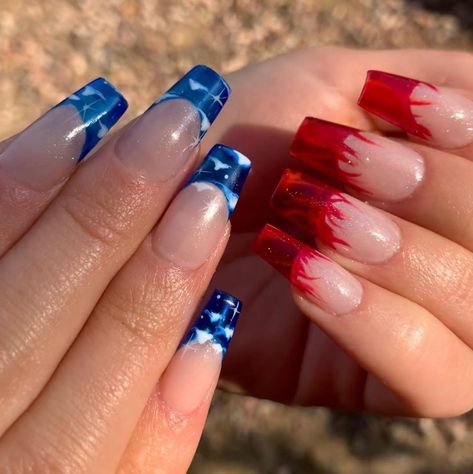 Red And Blue Flame Nails, Red Blue Nail Designs, Red N Blue Nails, Blue Red Nails Art Designs, Fire And Ice Nail Designs, Red And Blue Nail Designs, Red And Blue Nail Ideas, Red And Blue Nails Acrylic, Blue And Red Nails Designs