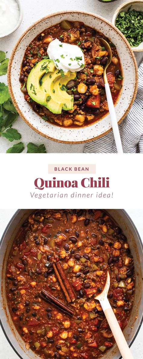 This One-Pot Black Bean Quinoa chili is a flavorful vegetarian chili recipe slow cooked on the stovetop with tons of veggies, protein, and fiber! Black Bean Quinoa Chili, Vegetarian Quinoa Chili, Delicious Chili Recipe, Bean Quinoa, Quinoa Chili, Vegetarian Mains, Vegan Entrees, Vegetarian Chili Recipe, Plant Based Recipes Dinner