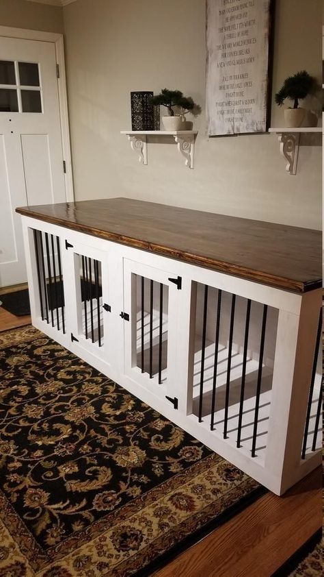 They also like the security and assurance that a "closed-off" area provides. A dog crate offers both of these things for dogs with separation anxiety  making them particularly appropriate for dogs and puppies. Tv Stand Dog Kennel, Double Dog Kennel Furniture, Furniture Dog Crate, Dog Condo, Double Dog Kennel, Wood Dog Kennel, Kennel Furniture, Diy Dog Crate, Dog Kennel Cover