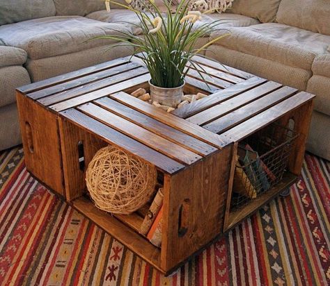 Wood Crate Coffee Table, Creative Coffee Table, Crate Coffee Table, Crate Table, Crate Diy, Crate Shelves, Crate Furniture, Pallet Decor, Rustic Coffee Tables