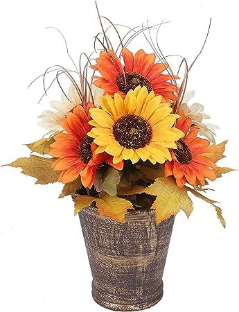 Amazon.com: GTIDEA 13" Fall Fake Plants Sunflowers Artificial Potted Plant with Maple Leaf Pinecone Orange Fake Silk Flowers in Pot for Autumn Halloween Thanksgiving Home Kitchen Table Centerpieces : Home & Kitchen Sunflower Centerpieces, Kitchen Table Centerpiece, Orange Sunflowers, Fall Flower Arrangements, Fall Floral Arrangements, Artificial Potted Plants, Fall Table Settings, Artificial Silk Flowers, Yellow Sunflower