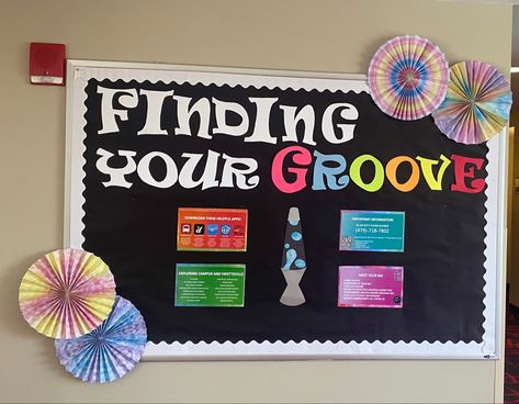 Ra Welcome Back Bulletin Boards, Disco Bulletin Board, 70s Bulletin Board Ideas, Disco Bulletin Board Ideas, Disco Theme Bulletin Board, 70s Ra Bulletin Board, Ra Welcome Bulletin Boards, Retro Bulletin Board Ideas, Dorm Floor Themes