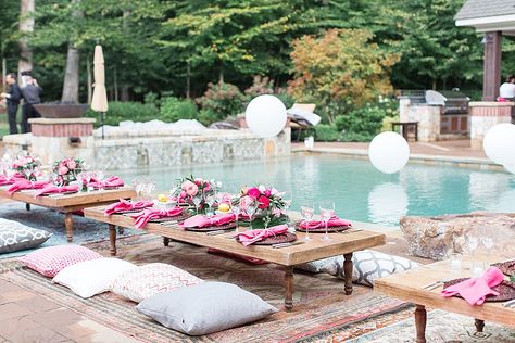 How gorgeous is this perfectly pink pool party planned by the gals at "A Charming Affair" and captured by Camille Catherine Photography?  This event was the debut for our new Flippin low set dining tables as well!  We are in love with them! Girls Night Games, Poolside Party, Summer Brunch, Farmhouse Side Table, Summer Celebration, Eclectic Rugs, White Balloons, Decorating On A Budget, Summer Party