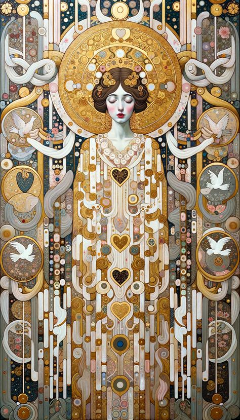 Prompt: Japanese Rinpa style with the essence of Klimt's Art Nouveau designs with Klimt's iconic figure. Surround her with symmetrical patterns, white ethereal doves, and a harmonious blend of Rinpa's distinct floral motifs and cosmic elements. Integrate gold gilt. #dalle3 Art Nouveau Greek Mythology, Art Nouveau Figure Drawing, Art Deco Art Nouveau, Black Art Nouveau, Art Nouveau Landscape Illustration, Art Nuevo Design, Art Nouveau Character Design, Art Nouveau Collage, Art Nouveau Aesthetic Outfit