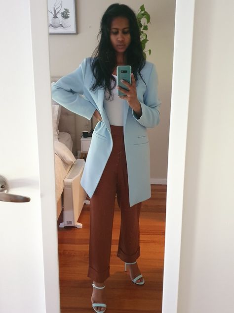 Pastel blue duster coat brown trousers Blue Duster Outfit, Duster Outfit, Brown Trousers, Work Attire, Pastel Blue, Duster Coat, Trousers, Pastel, Blue