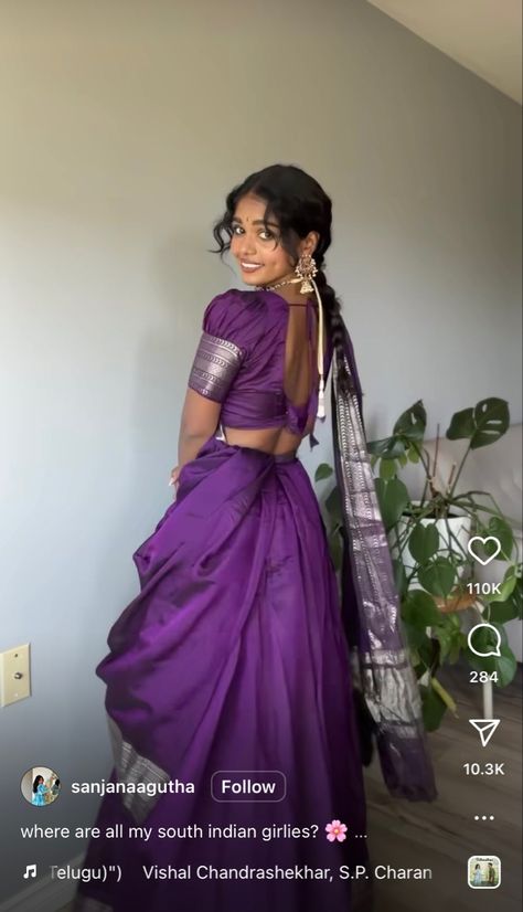 South Indian Look Lehenga, Colours For Brunettes Outfits Clothes, Purple Half Saree South Indian, South Indian Clothes, Traditional Pattupavada For Women, Blouse Designs For Half Saree, Purple Half Saree, Purple Indian Outfit, Half Saree Designs South Indian