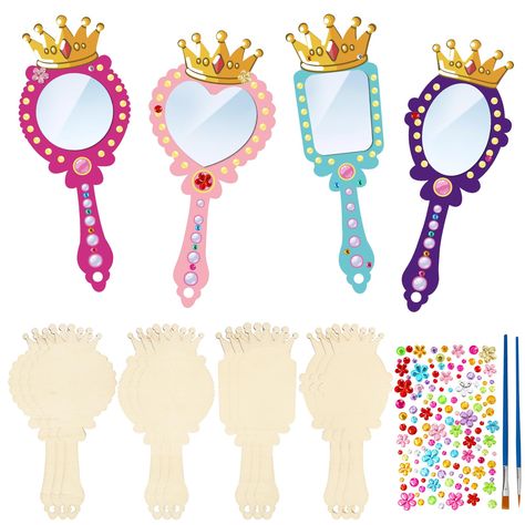 PRICES MAY VARY. Princess Craft for Kids: This wooden DIY mirror includes 12 x unfinished wooden princess cutout , 12 x mirrors (3 each of round , trapezoids, ovals and hearts), 2x paiting brushes(there no paint included) ,1x rhinestone sticker, enough for princess parties and princesses to make unfinished wooden mirrors together. Through party activities, you can share this princess mirror with friends and spend time together. Make Your Own Mirror: Our kids wooden princess mirror painting offer Girl Toys Age 8, Princess Party Activities, Wooden Hand Mirror, Mirror Craft, Princess Mirror, Princess Crafts, Princess Theme Birthday, Mirror Crafts, Princess Toys