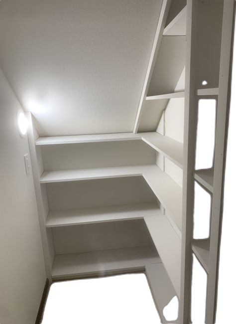 Under Stairs Walk In Storage, Attic Pantry Ideas, Under Stair Storage Cupboard, Diy Under Stairs Shelving, Narrow Closet Shelving Ideas, Under Staircase Closet Storage Ideas, Under Stairs Storage Cupboard Ideas, Under Stairs Closet Ideas Sloped Ceiling, Small Butlers Pantry Under Stairs