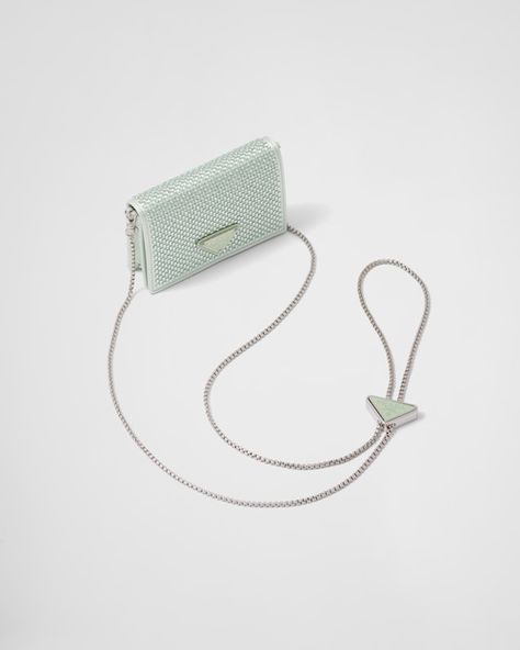 Aqua Cardholder with shoulder strap and crystals | Prada Prada Mini, Tiny Bag, Prada Collection, Looks Party, Fancy Bags, Triangle Logo, Purses Designer, Small Wallet, Bags Designer Fashion