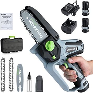 WORKPRO Mini Chainsaw, 6“ Cordless Electric Compact Chain Saw with 2 Batteries, One-Hand Operated Portable Wood Saw with Replacement Guide Bar and Chain for Gardening Tree Branch Pruning, Wood CuttingBattery Holder for 4x 20V Dewalt Batteries | 20V Battery Holder Dewalt | Battery Storage for Dewalt | Wall Mount for Dewalt 20V Batteries Hand Chain Saw, Battery Operated Mini Chainsaw, Small Chainsaw, Battery Powered Chainsaw, Chainsaw Reviews, Mini Chainsaw, Cordless Chainsaw, Pruning Saw, Chainsaw Chains