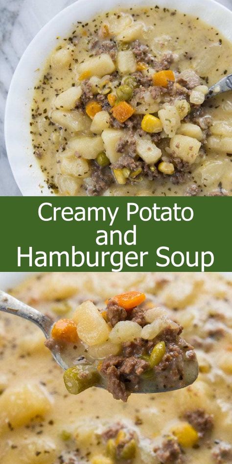 Creamy Potato & Hamburger Soup Recipe - Cooking with Recipes Hamburger Soup Crockpot, Best Hamburger Soup Recipe, Hamburger Crockpot Recipes, Potato Hamburger Soup, Hamburger Potato Soup, Hamburger Soup Recipe, Hamburger And Potatoes, Potatoes Vegetables, Hamburger Stew