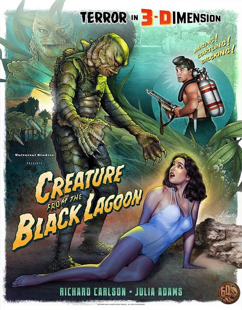 the 2017 christopher franchi art print sale Universal Monsters Art, Julie Adams, Classic Monster Movies, Creature From The Black Lagoon, The Black Lagoon, Famous Monsters, Horror Monsters, Horror Posters, Horror Movie Art