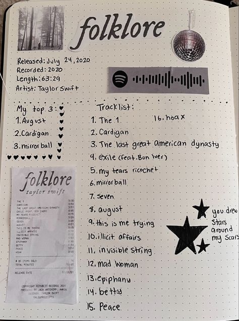 Folklore Scrapbook, Folklore Journal Page, Song Book Ideas, Journal Ideas Songs, Album Review Journal, Song Diary Ideas, Folklore Emojis, Song Book Journal, Song Journal Ideas